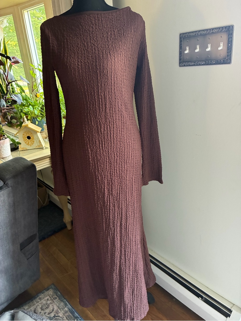 See You Monday Brown Textured Long Sleeve Maxi Dress